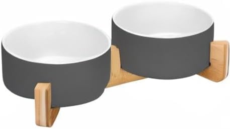 SPUNKYJUNKY Ceramic Dog and Cat Bowl Set with Wooden Stand, Modern Cute Weighted Food Water Set for Small Size Dogs (13.5OZ) & Medium Sized Dogs (28.7OZ) & Cats (3.6 Cups, 2 × White-Grey)