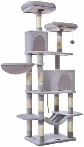 Taoqimiao Cat Tree, 71.7-Inch Cat Tower for Indoor Cats, Plush Multi-Level Cat Condo with 13 Scratching Posts, 2 Perches, 2 Caves, Hammock, 2 Pompoms,Light Gray MS013LW