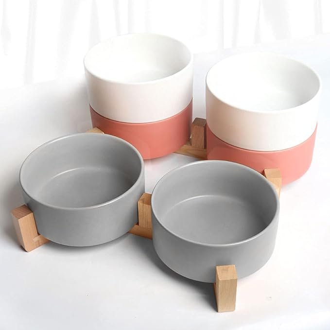 Petygooing Dog Bowls,Grey Ceramic Cat Dog Bowl Set with Wood Stand for Food and Water,Non-Slip Cute Modern Pet Dish Set for Cats and Medium Dogs (28OZ/6.1 in)