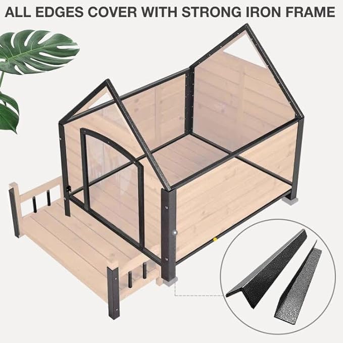 Large Dog House Outdoor Indoor All-Around Iron Frame Design Dog House with Porch&Raised Feet for Small Medium Large Dogs(Brown)
