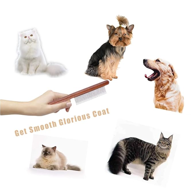 Dog Cat Comb with Solid Wood Handle Stainless Steel Teeth, Professional Pet Grooming Supplies Accessories Perfect for Honghair Hairy Pets