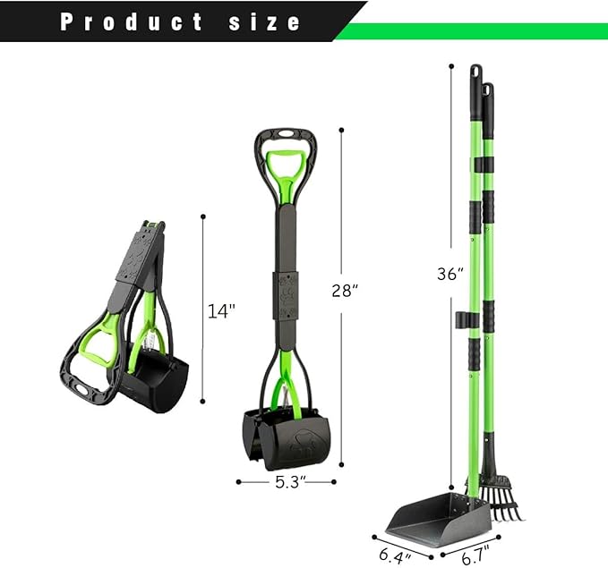 MXF Dog Pooer Scooper Set, 2 in 1 Pet Poop Scooper with Long Handle 28" Dog Poop Picker Upper and Stainless Metal Tray & Rake for Medium & Small Dogs, Heavy Duty for Grass, Dirt, Gravel