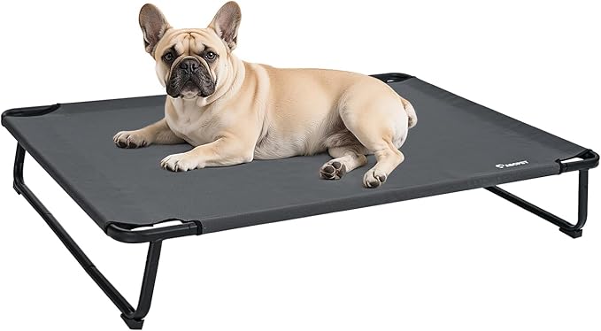 Cooling Elevated Dog Bed, Raised Outdoor Dog Bed Waterproof Pet Beds Cots Stable and Easy Assembly, Teslin Fabric with 1.2mm Thick Iron Frame, Breathable, Ultra-Sturdy,Grey,32 * 25.2 * 7.1