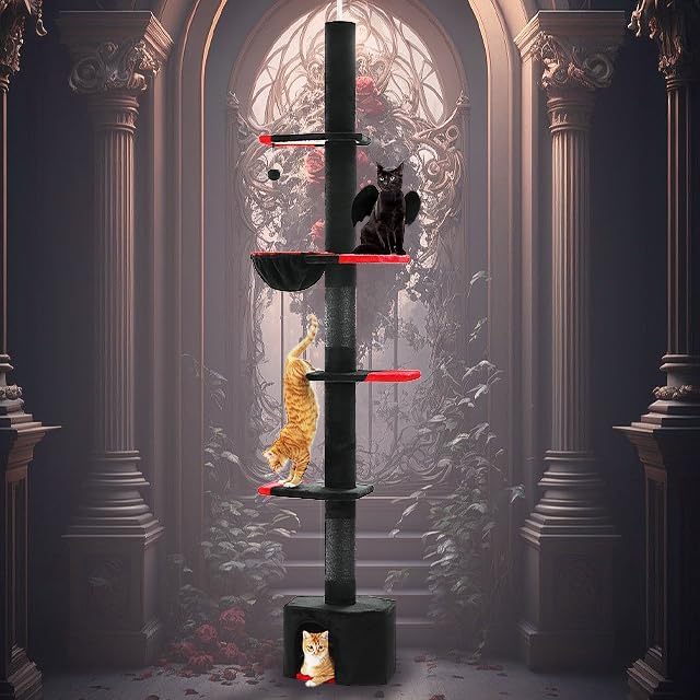 PAWZ Road Gothic Cat Tree, Floor to Ceiling Cat Tower with Adjustable Height (86.8-120 Inches), 5 Tiers Black Cat Condo with Cozy Hammock, Fully Scratching Posts and Dangling Balls for Indoor Cats
