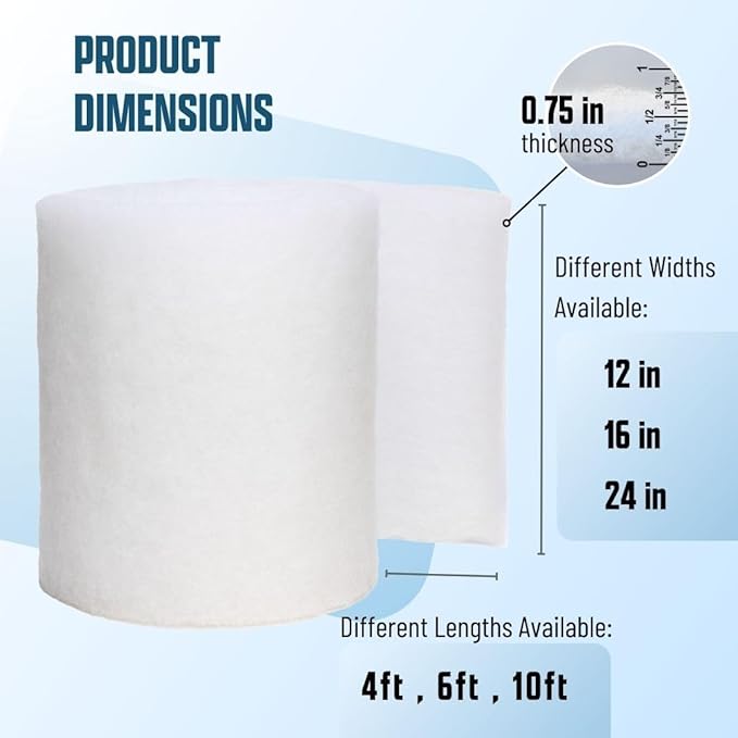 Premium Aquarium Filter Media Pad - Cut-to-Fit Roll, Fresh and Saltwater Safe, Blue & Dye-Free Options, Made in USA (Dye Free, 12"x72" (6 ft) x 0.75)
