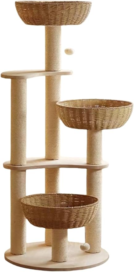 Modern Wood Rattan Cat Tree for Large Cats, Luxury Multi-Level Oak Solid Wood Cat Trees Towers,w/3 Weaving Cat Nests & Washable Cushions, Sisal Scratching Posts, for Indoor Large Cats-No paint/wax oil