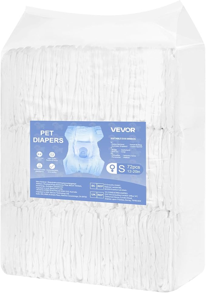 VEVOR Disposable Dog Diapers, Super Absorbent Female Dog Diapers, 360° Leak-Proof Female Doggy Pet Diaper with Wetness Indicator for Heat Period, Training, Incontinence - M, 144 Count (2 Packs of 72)