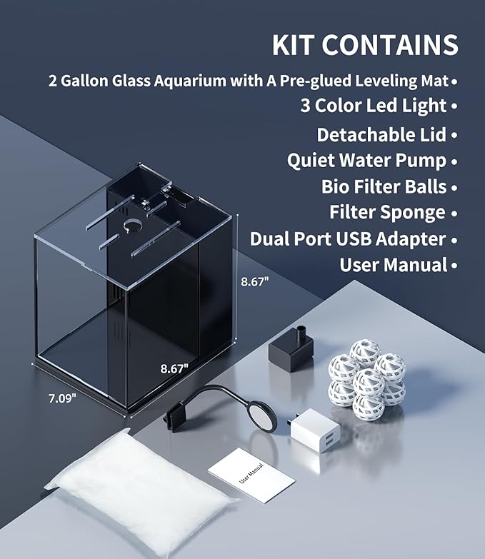 Small Betta Fish Tank Aquarium Starter Kit, 2 Gallon Glass Rimless Nano Beta Tank with Hidden Filtration, 3 Color Light, Quiet Water Pump, Lid