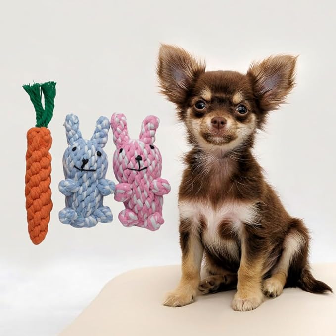 HILLBERRY Dog Rope Chew Toy Cotton Pink and Blue Rabbits and Carrot Bundle Set for Teething Puppy, Small, Miniature and Toy Breed Cute Pet Play Essentials