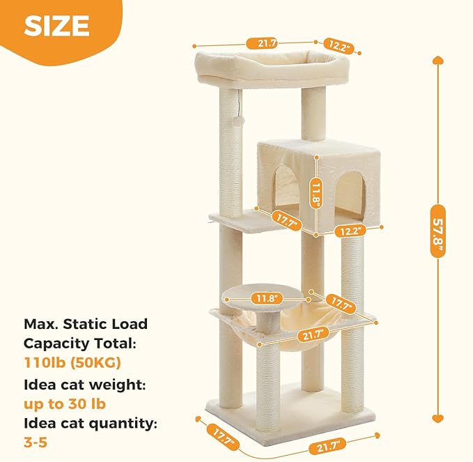 Large Cat Tree with Reinforced Scratching Posts (φ3.1in) for Big Adult Cats 30 lbs, 57.8" Heavy Duty Cat Tower with Larger Hammock and Condo, Cat Furniture for Maine Coon, Plush,Beige