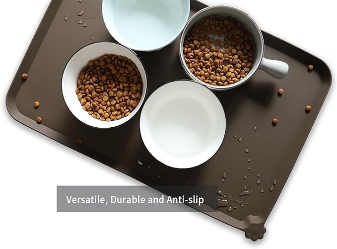 Hoki Found L Silicone Pet Food Mats Tray - Non Slip Dog Cat Bowl Mats Placemat - Pet Feeding Mat - Waterproof Dog Cat Food Mats -Pet Water Mats for Carpet - Coffee