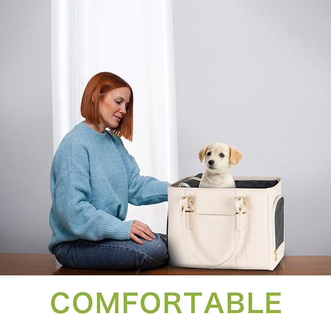 Fashion Pet Carrier Dog Purse Cat Bag Soft-Sided Carriers Travel Airline Approved, Stylish Leather Tote Handbag for Small Animal Puppy Kitten (White)