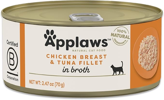 Applaws Natural Wet Cat Food in Broth, Limited Ingredient Canned Wet Cat Food, No Additives, Made with Natural Ingredients, Chicken Breast & Tuna Fillet in Broth (24 x 2.47oz Cans)