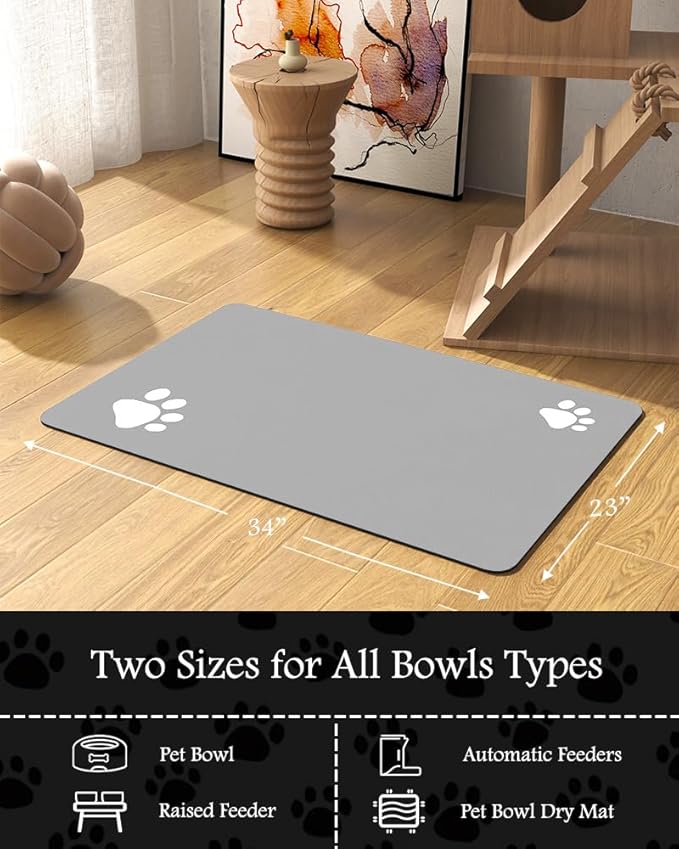 Pet Feeding Mat-Absorbent Dog Mat for Food and Water Bowl-No Stains Quick Dry Water Dispenser Mat-Dog Accessories Pet Supplies-Bowl for Messy Drinkers(LIGHTGREY,23"x34"