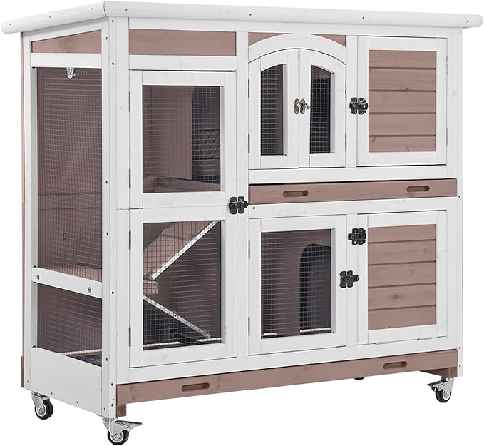 GUTINNEEN Large Rabbit Hutch Wooden Bunny Cage Indoor with Chew-Proof Ramp, 2-Story Guinea Pig Cages with Casters, Pull-Out Trays for Rabbits, Guinea Pigs, 47.2" L x 19.7" W x 42.1" H