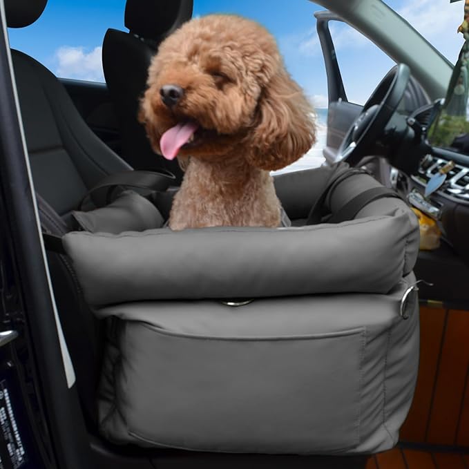 Dog Car Seat for Small Dogs, Large Leather Dog Car Bed with Storage Pocket, Waterproof PVC Leather Booster Seat Travel Bed for Front & Back Seat, Clip-On Safety Leash (Black/Grey)