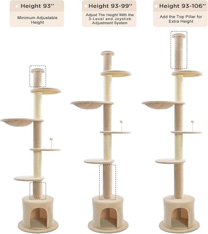 Made4Pets Floor to Ceiling Cat Tree 93-106'',Tall Cat Tower 5 Tiers, Adjustable Height, Stable Cat Tree Tower with Scratching Posts, Fluffy Condo, Hammock and Ball Toy for Indoor Cats/Kitten, Beige