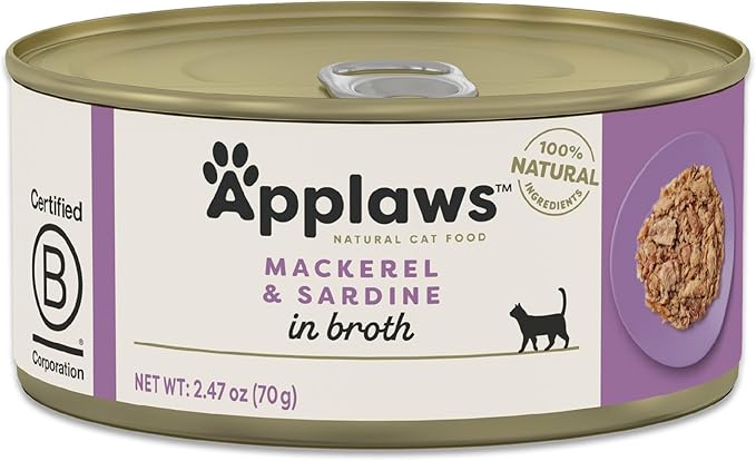Applaws Natural Wet Cat Food in Broth, Limited Ingredient Canned Wet Cat Food, No Additives, Made with Natural Ingredients, Mackerel & Sardine in Broth (24 x 2.47oz Cans)