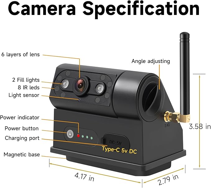 Magnetic Solar Wireless Backup Camera with 5” HD Monitor No Wiring Rechargeable Battery IP68 IR Night Vision Rearview Camera System for Car RV Truck 5th Wheels Skid Steer Horse Trailer Hitch Camera