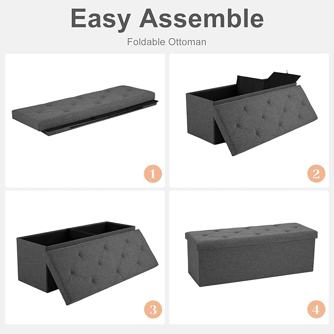 Sweetcrispy Foldable Storage Ottoman 43in, Storage Chest, Large Ottoman Bench Foot Rest Stool with Padded Seat for Entryway Living Room, Bedroom,Load 350lbs, Modern Grey