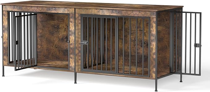 Dog Crate Furniture 78" for 2 Dogs Sturdy Heavy Duty Dog Kennel Solid Metal Tube Thick Wooden with 3 Lockable Doors XXL Double Dog Cage Large Breed as End Table for Large Dogs Rustic Brown