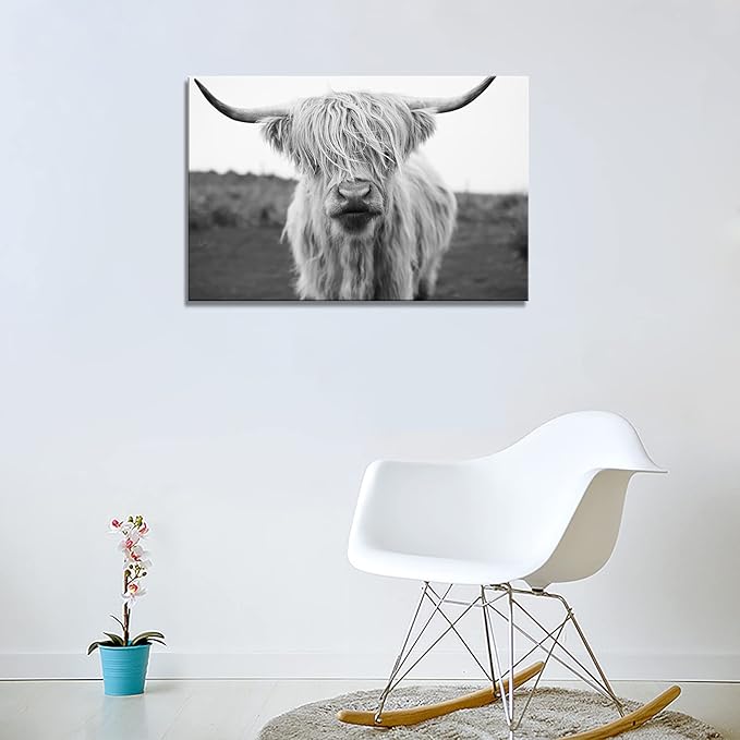 XXMWallArt FC3669 Highland Cow Canvas Art - Black and White Animal Wall Art for Living Room, Bedroom, Office Decor