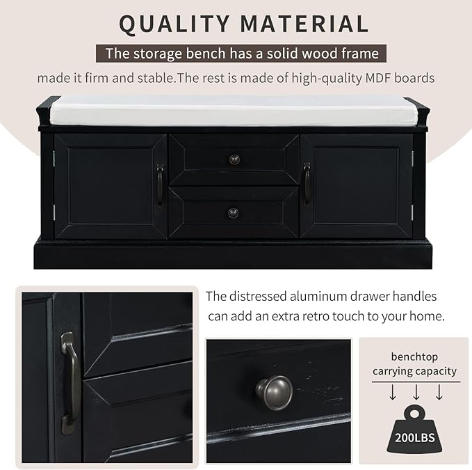 Storage Bench with 2 Drawers and 2 Cabinets, Pine Wood Shoe Bench with Removable Cushion for Living Room, Entryway 42.5" L x 15.9" W x 17.5" H (Black)