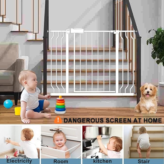 Narrow Baby Gate 24 to 29 Inch Wide Pet Gate Pressure Mounted No Drill Safety Gate Walk Through Metal Child Gate for Kids Stairs or Pets Indoor White