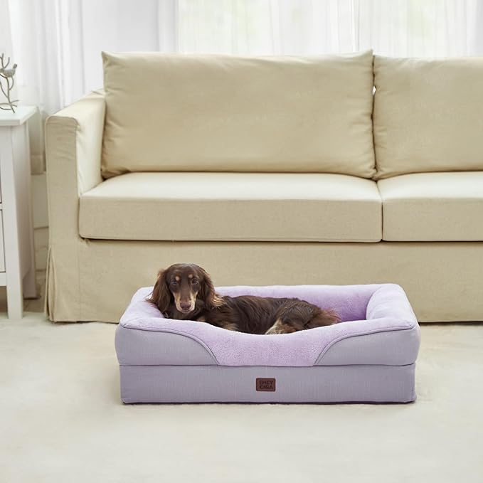 EHEYCIGA Memory Foam Dog Bed for Large Sized, Orthopedic Dog Sofa with Sides and Waterproof Liner, Washable Bolster Pet Couch with Removable Cover, 41x27x7.5 Inch, Purple