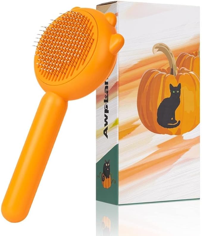 Self-Cleaning Dog & Cat Slicker Brush, Skin Friendly Deshedding Grooming Tool for Long or Short Haired Dogs Cats Rabbits, Dog Shedding Brush with Release Button - Pumpkin