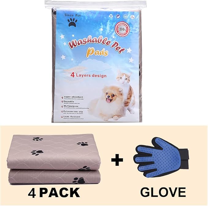 SincoPet Washable Dog Pee Pads with Puppy Grooming Gloves,Puppy Pads,Reusable Pet Training Pads,Large ,Waterproof Pet Pads for Dog Bed Mat,Super Absorbing Whelping Pads,24x36 Inch (Pack of 4)