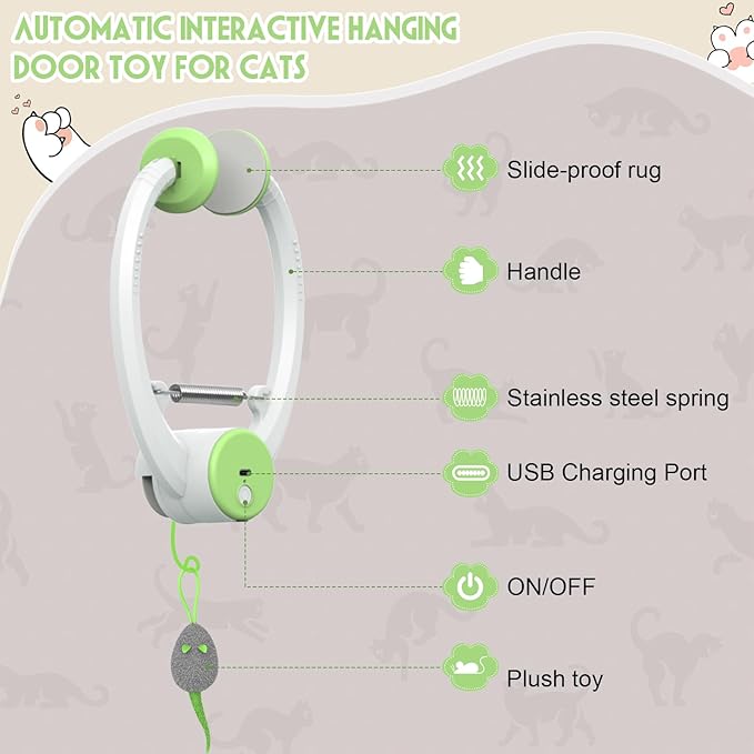 Cat Toy Interactive for Indoor Cats, Smart USB Rechargeable Door Hanging Automatic Retractable Kitten Toys, Teaser Electronic Self Play Feather Cat String Toy Attached with 3 Catnip Mice Green