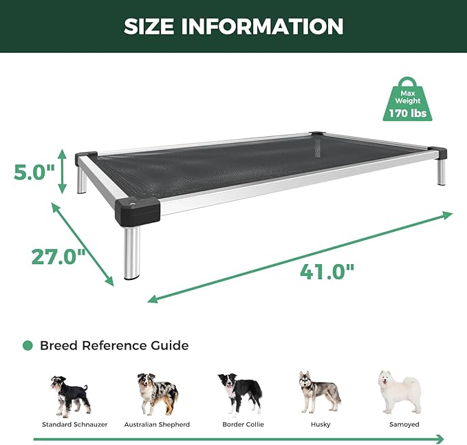 FXW TitanNest Chew-Proof Elevated Dog Bed, Raised Cot for Indoor/Outdoor/Camping Use, Durable & Waterproof Cooling Pet Bed for Medium Dogs, 41.0" L x 27.0" W x 5.0" H, Black