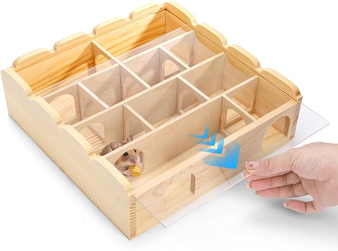 ZENFUN Wooden Hamster Maze with Clear Acrylic Cover, Multi-Chamber Hamsters Hide Tunnel Cage, Hideout Tunnel Toy Shed and Explore Toy for Dwarf Hamsters Mice Small Gerbil(Free-Installation)
