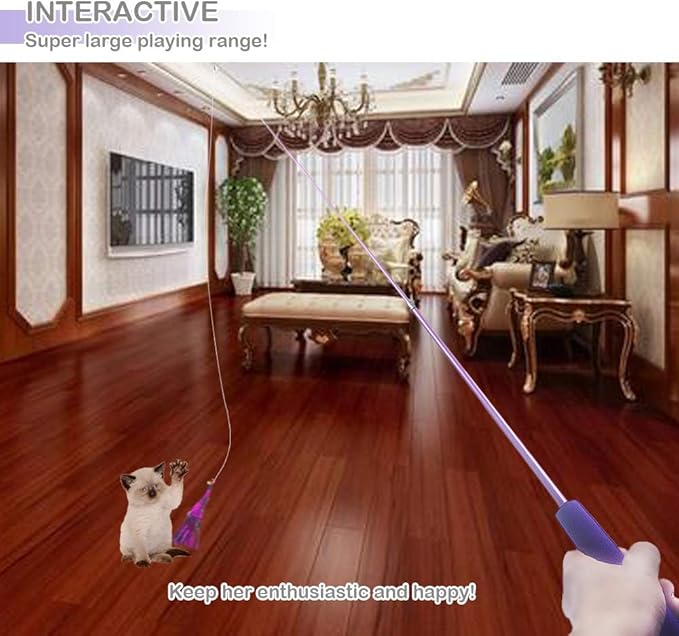 Cat Toy Wand, Interactive Feather Teaser Cat Toys Set, Retractable Cat Fishing Rod with 5pcs Refills (Purple)