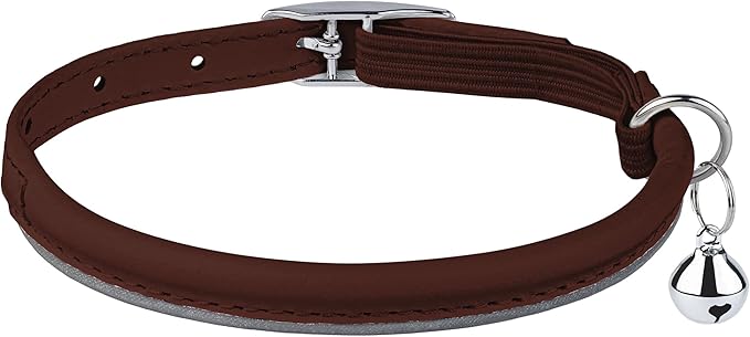 OOPSDOGGY Rolled Leather Cat Collar with Bell, Reflective Kitten Collars with Buckle Include Safety Elastic Strap - Adjustable Small Pet Collars for Boy Girl Cats (Brown)