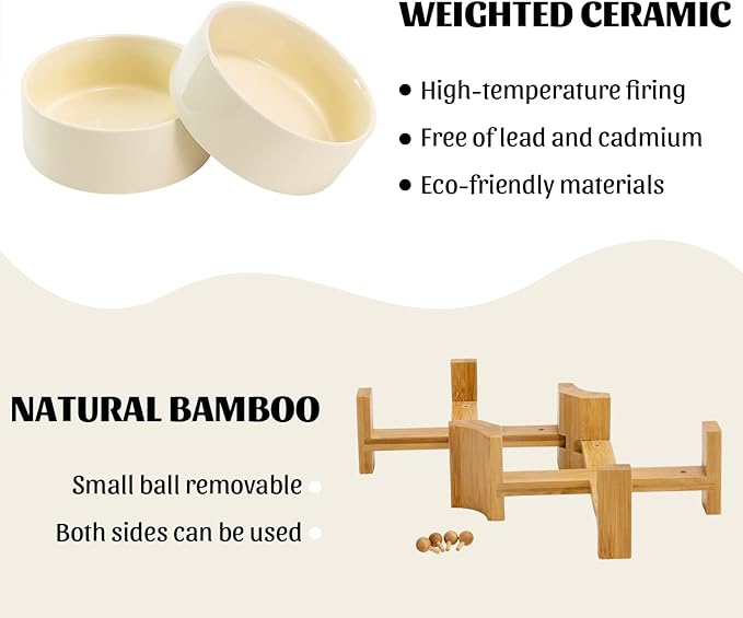 SPUNKYJUNKY 15° Slanted Ceramic Dog and Cat Bowl with Wooden Stand, Tilted Bulldog Food and Water Bowl No Slip Non-Spill for Cats Medium Dogs Big Face Pets 28.7 OZ (3.6 Cups, Beige × 2)