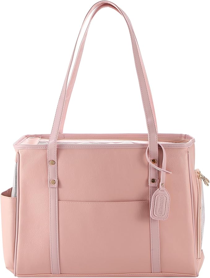 Fashion Dog Carrier Purse, Premium Leather Cat Carrier Bag, Airline Approved Soft Sided Pet Travel Tote Bag with Pockets Pink