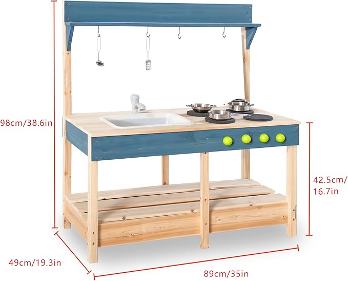 Mud Kitchen Playset for, Outdoor Wooden Toy Play Kitchen Set for Boys and Girls, Kitchen Accessories and Garden Sink with Faucet, Blackboard, Cookware Pot (Blue1)