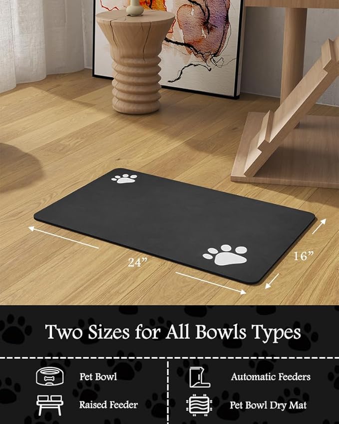 Pet Feeding Mat-Absorbent Dog Mat for Food and Water Bowl-No Stains Quick Dry Water Dispenser Mat-Dog Accessories Pet Supplies-Bowl for Messy Drinkers(Black,16"x24"