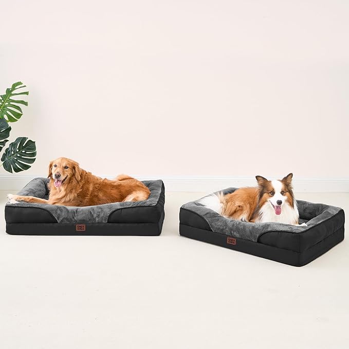 EHEYCIGA Memory Foam Dog Bed for Large Sized, Orthopedic Dog Sofa with Sides and Waterproof Liner, Washable Bolster Pet Couch with Removable Cover, 41x27x7.5 Inch, Grey/Black