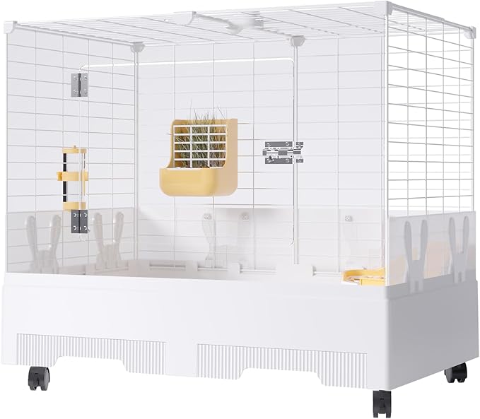 Oneluck Indoor Bunny Cage with Pull-Out Tray,Wheels and Transparent Panel,Rabbit, Guinea Pig, Chinchillas, and Small Animal Condo