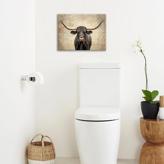 Rustic Highland Cow Pictures Wall Art, Farmhouse Longhorn Bull Bathroom Wall Decor Black Cow Framed Painting Canvas Artwork for Bathroom Bedroom Living Room Decorations 16"L x 12"W