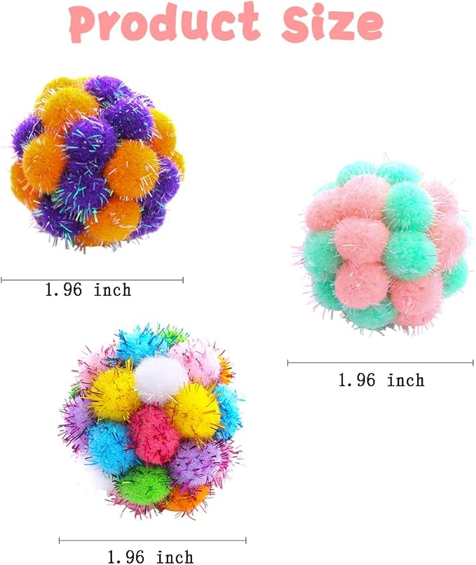 TUSATIY Cat Toys Ball with Bells 3PCS, Color Cat Pom Pom Balls,Tinsel Sparkle Balls,Interactive Toy for Indoor Cats Kitten