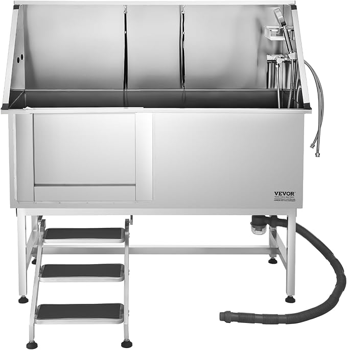 VEVOR Stainless Steel Dog Washing Station, Professional 62 inch Pet Grooming Tub w/Stairs, PE Water Filter Board, Faucet & Showerhead & Soap Holder Bathtub for Large & Medium & Small Pets (Left Door)
