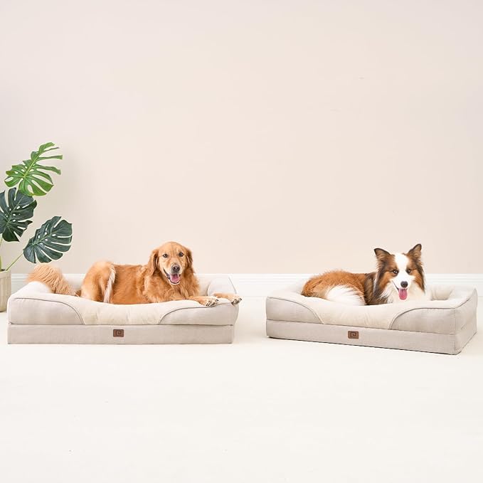 EHEYCIGA Memory Foam Dog Bed for Large Sized, Orthopedic Dog Sofa with Sides and Waterproof Liner, Washable Bolster Pet Bed Couch with Removable Cover, 36x27x7 Inch, Beige