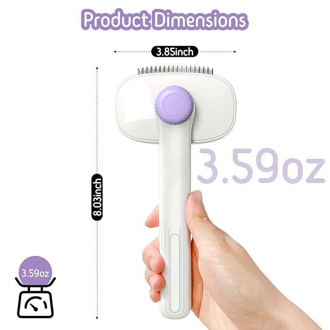 Self Cleaning Slicker Brush, 2-in-1 Cat Brush for Shedding, Skin Friendly Grooming Tool for Long & Medium-Long Hair Pets, Adjustable Bristle Length with Dematting Comb for Cats, Dogs (Purple)