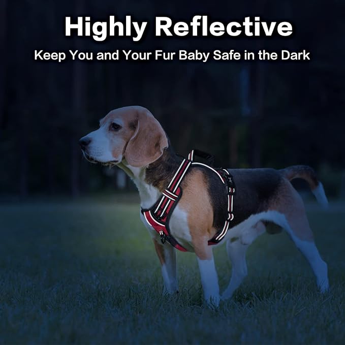 PoyPet No Pull Dog Harness, No Choke Front Clip Reflective Dog Vest with Soft Padded Vertical Handle, 3 Leash Attachments for Small Medium Large Dogs (Red,L)