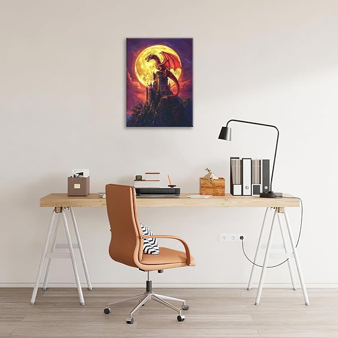 Dragon Bathroom Pictures Wall Art, Red Dragon Castle Bathroom Wall Decor, Framed Painting Canvas Artwork for Bedroom Living Room Decorations 20"L x 16"W