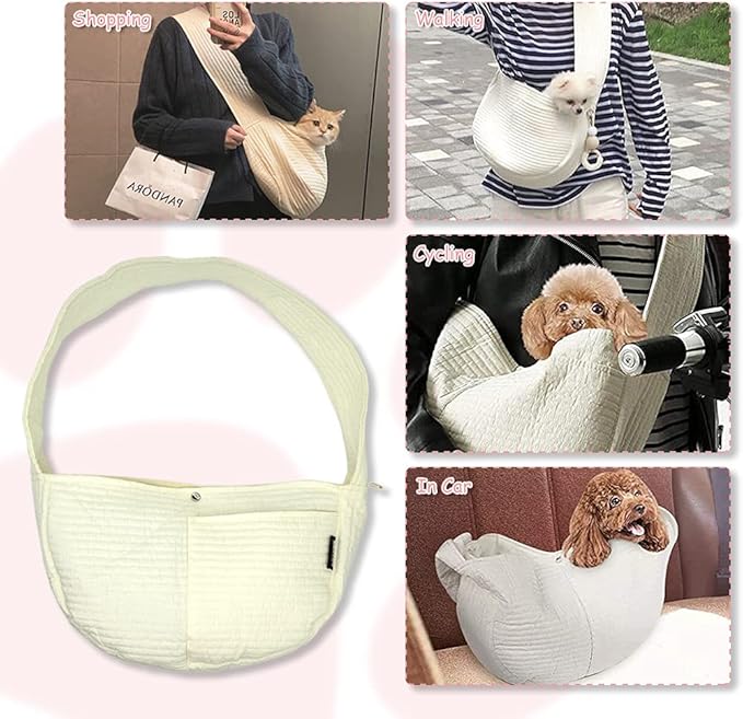 NATUYA Small Dog Carrier Sling Cat Sling,Adjustable Strap Hand Free Pet Puppy for Outdoor Traveling Subway (White, Canvas)